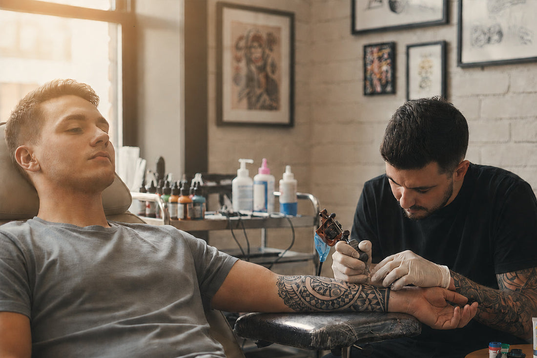 Relaxed client getting a tattoo in a professional studio with Perfso tattoo numbing cream on the side table