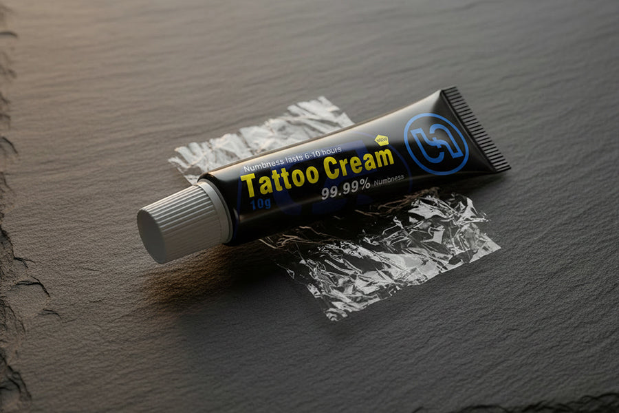 Perfso 5% lidocaine tattoo numbing cream tube on dark surface with plastic wrap