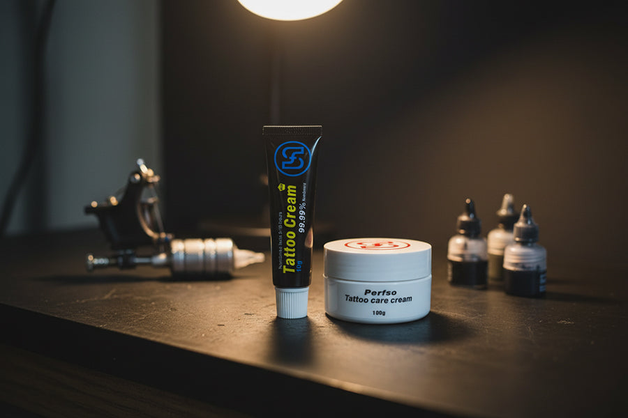 Perfso tattoo numbing cream and aftercare balm on a tattoo studio workstation
