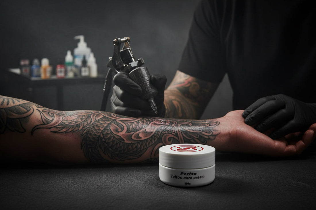 Perfso tattoo numbing cream placed in a professional tattoo studio — safe water-based formula that does not affect ink