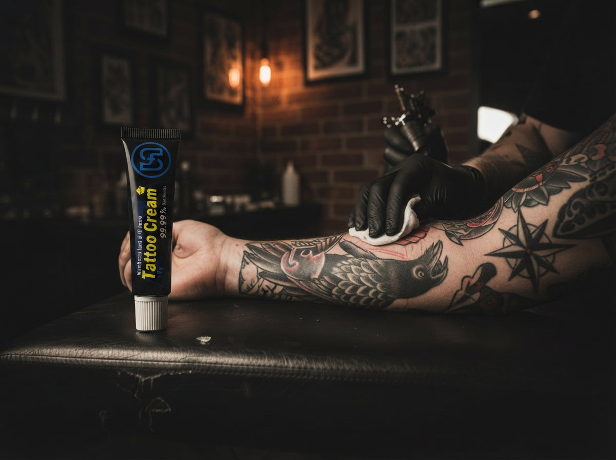 Tattoo numbing cream applied before a tattoo session — Perfso 5% lidocaine formula