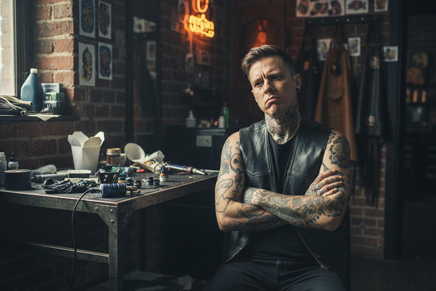 Tattoo artist sitting at workstation with arms crossed, looking frustrated in a dark tattoo studio