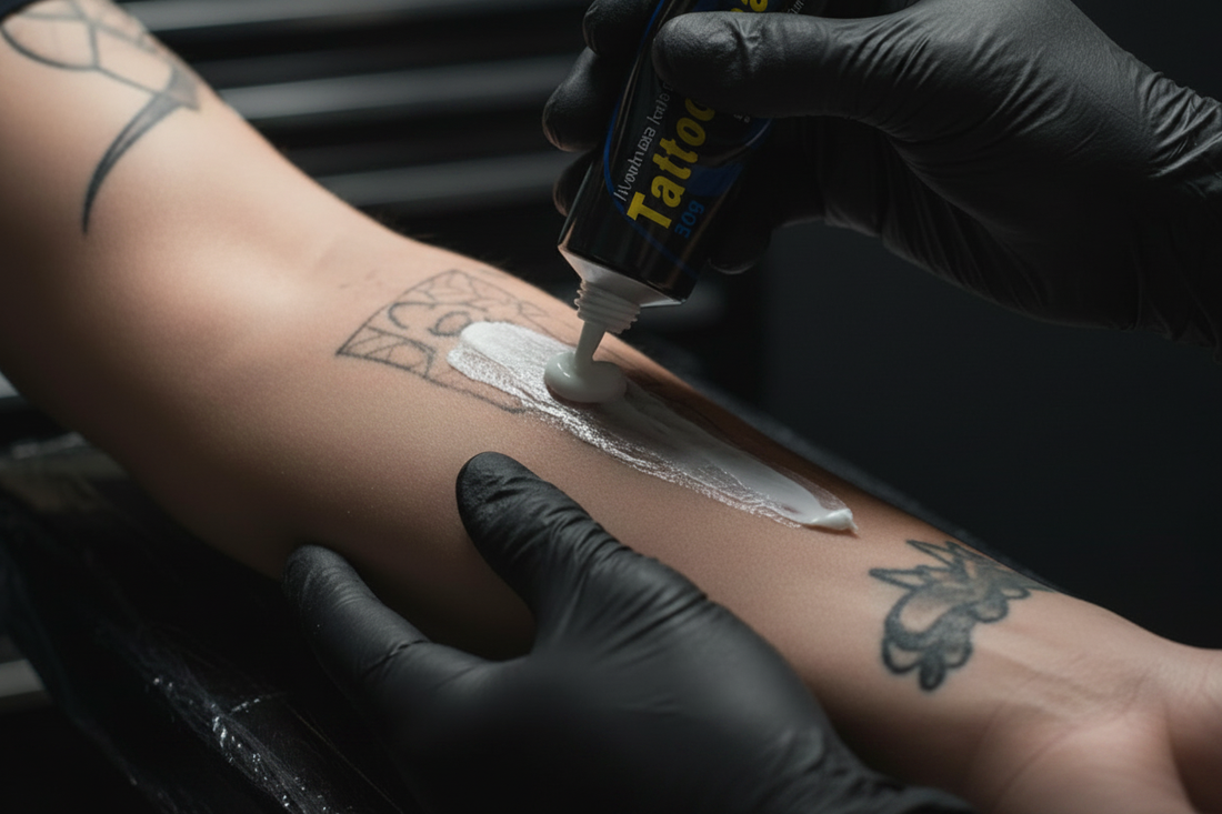 Tattoo artist applying Perfso numbing cream onto a client's forearm in a professional tattoo studio