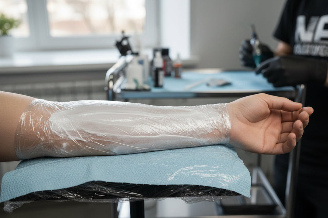 Arm with tattoo numbing cream applied and covered with plastic wrap, ready for a tattoo session