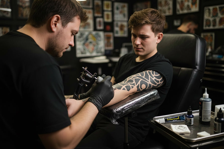 Tattoo client in studio chair during session with Perfso tattoo numbing cream tube on the table