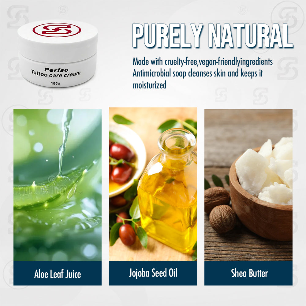Perfso Tattoo Care Cream purely natural ingredients – Aloe Leaf Juice, Jojoba Seed Oil and Shea Butter, vegan-friendly formula