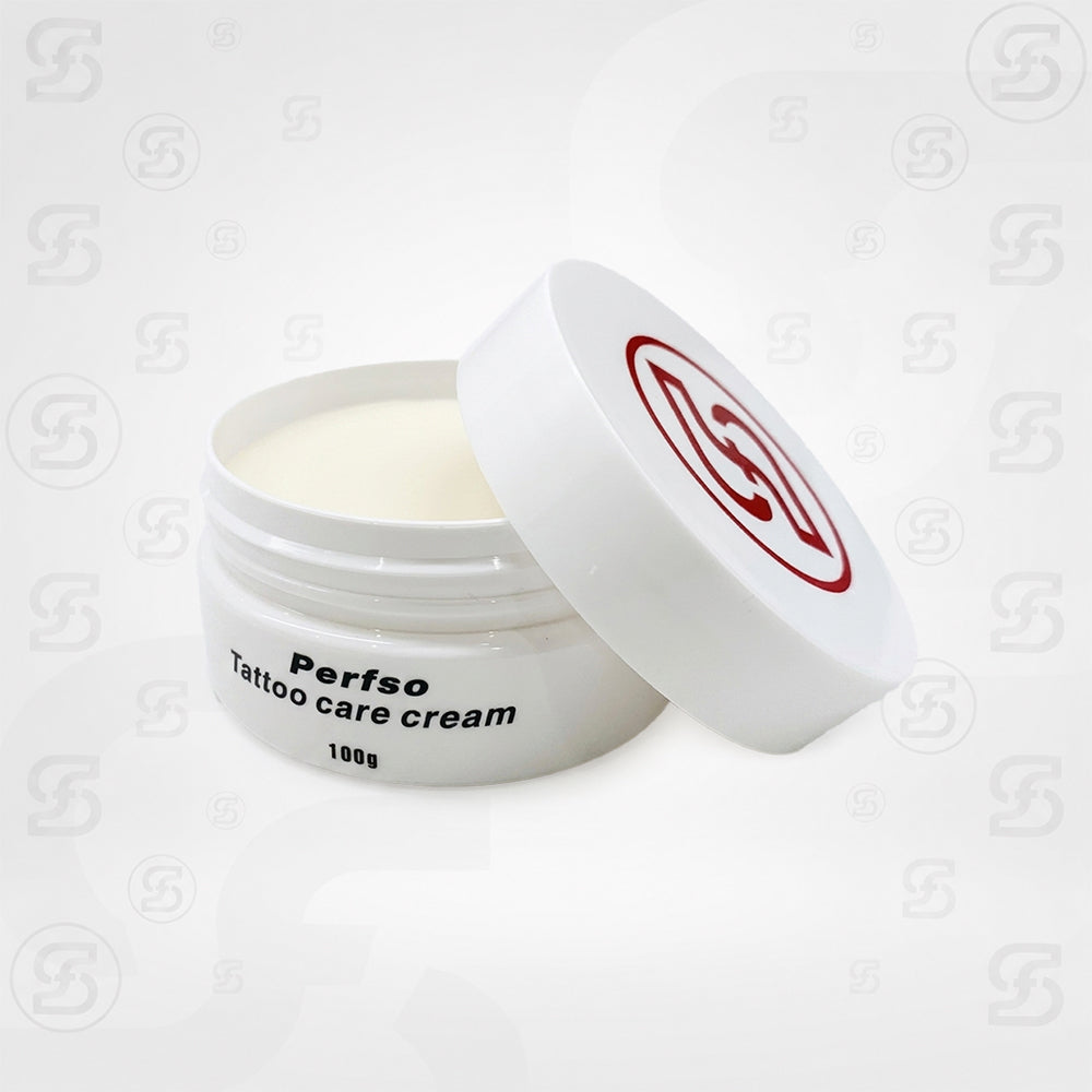 Perfso Tattoo Care Cream 100g open jar showing cream texture – tattoo healing balm