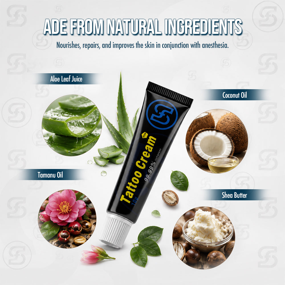 Perfso Tattoo Numbing Cream made from natural ingredients – Aloe Leaf Juice, Coconut Oil, Tamanu Oil, and Shea Butter for skin nourishment and repair
