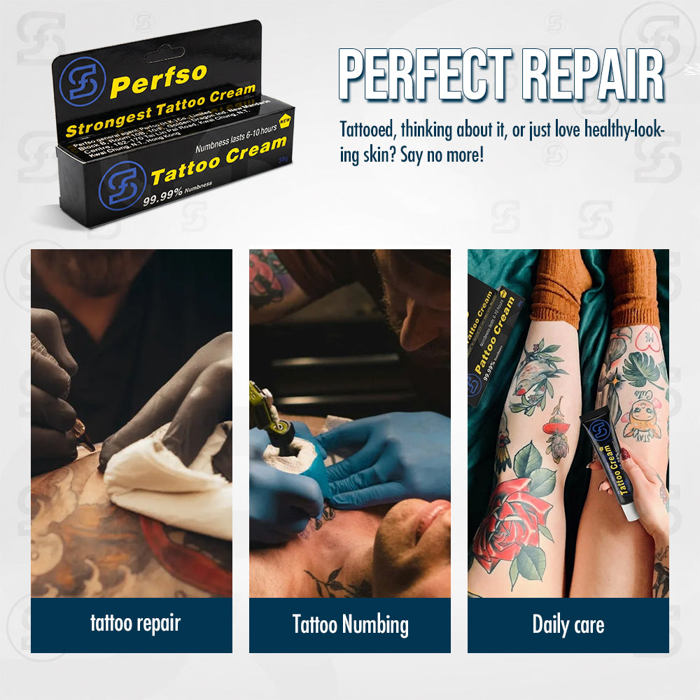 Perfso Tattoo Numbing Cream for tattoo repair, numbing during sessions, and daily skin care – suitable for tattooed skin and all skin types
